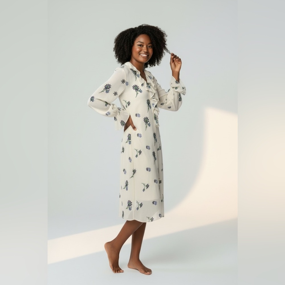 Tory Burch Floral Slip Dress Sheer Long Sleeve Ruffle Dress 10 White Embroidered